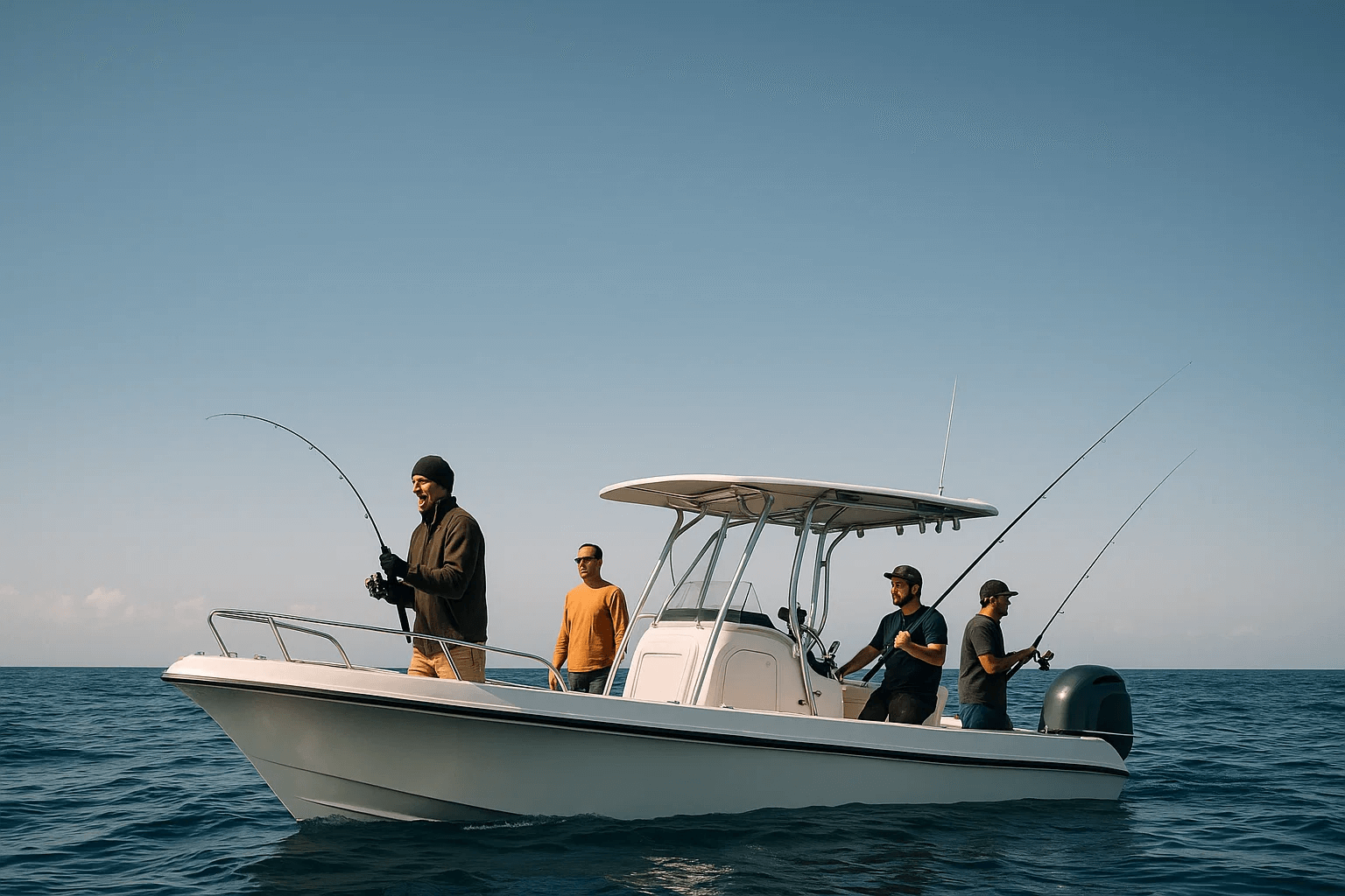 Photo of 4 people fishing from a small boat in Lombok with Magic Fishing