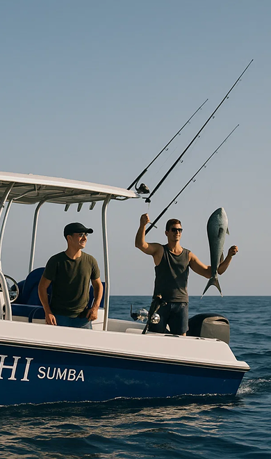 Photo of 2 people on a boat called "Sumba", fishing manually in the sea of Lombok with Magic fishing